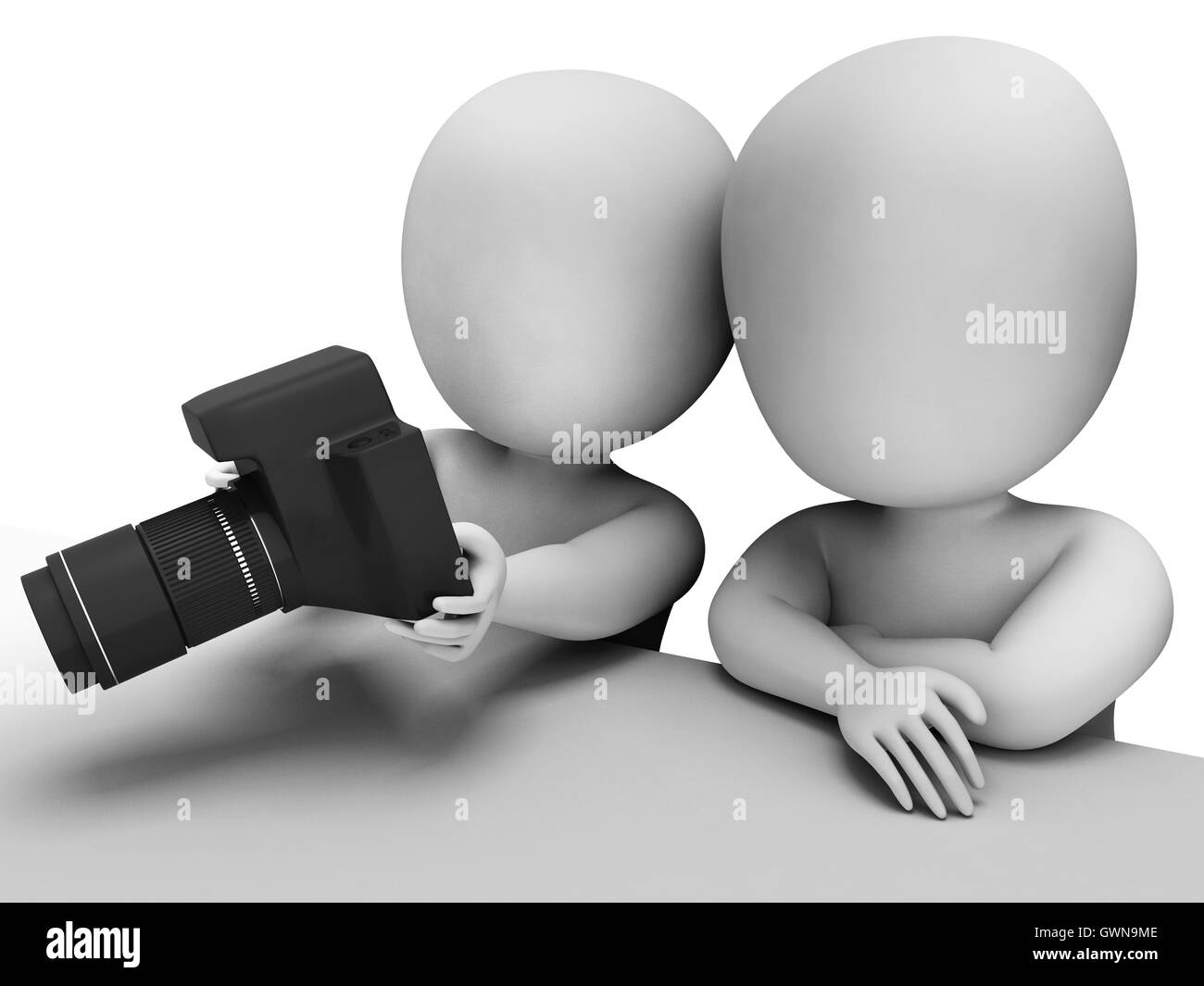 3d Characters Reviewing Images On Dslr Digital Camera Stock Photo