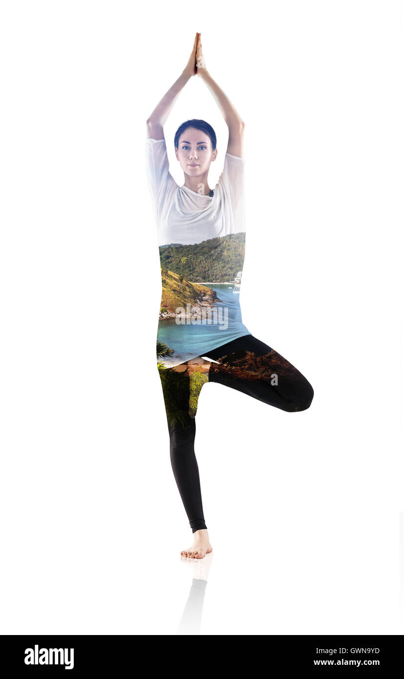 Double exposure of woman doing yoga exercise and seaside Stock Photo