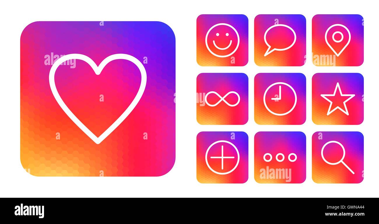 Set of simple ui icons for social media app or network with like button, comment, and more on colorful gradient background. Stock Vector