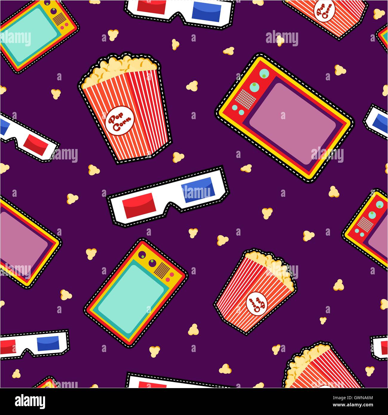 Seamless pattern with movie icons in pop art style, vibrant color cinema elements, popcorn 3d glasses and tv. EPS10 vector. Stock Vector