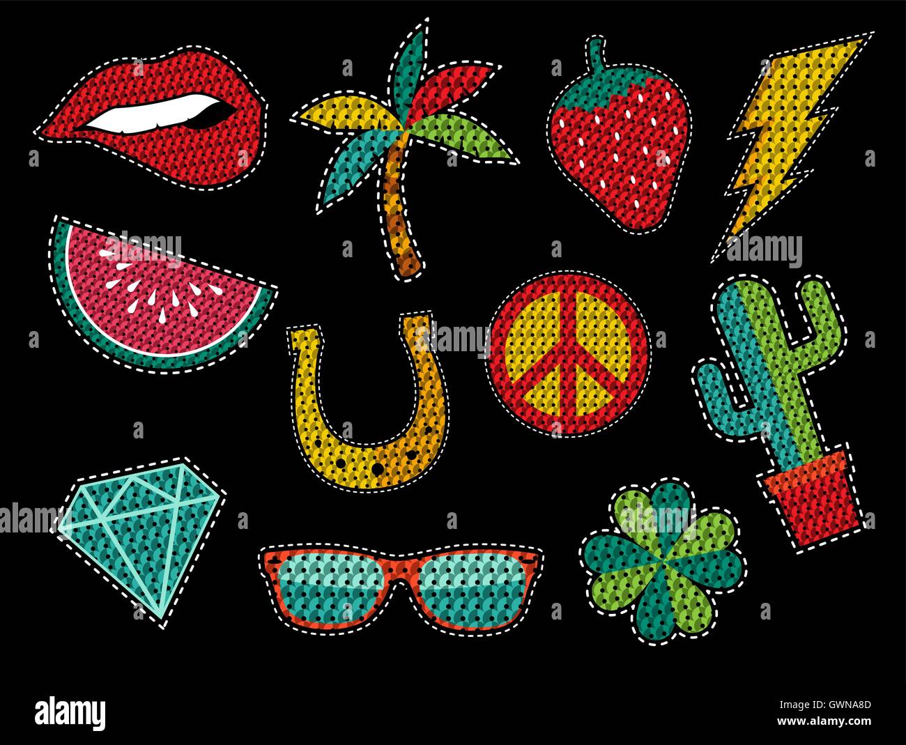 Set of fashion patch icons with sequin texture in pop art cartoon style, trendy summer nature designs. EPS10 vector. Stock Vector