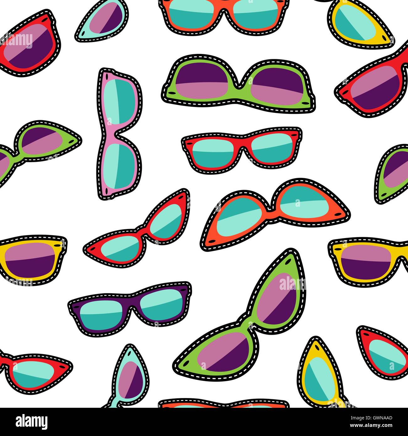 Hipster sunglasses cartoon designs, seamless pattern with colorful eye glass elements. EPS10 vector. Stock Vector