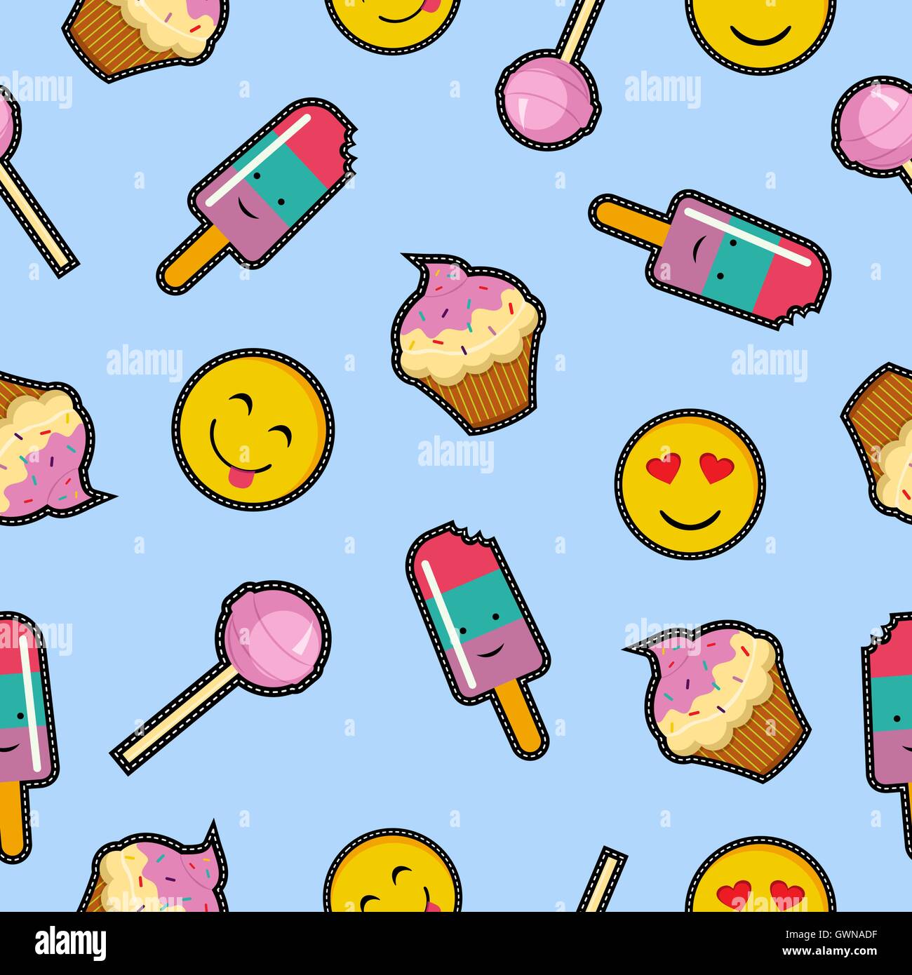Cute seamless pattern with cartoon food decoration, emoji, dessert and candy illustrations. EPS10 vector. Stock Vector
