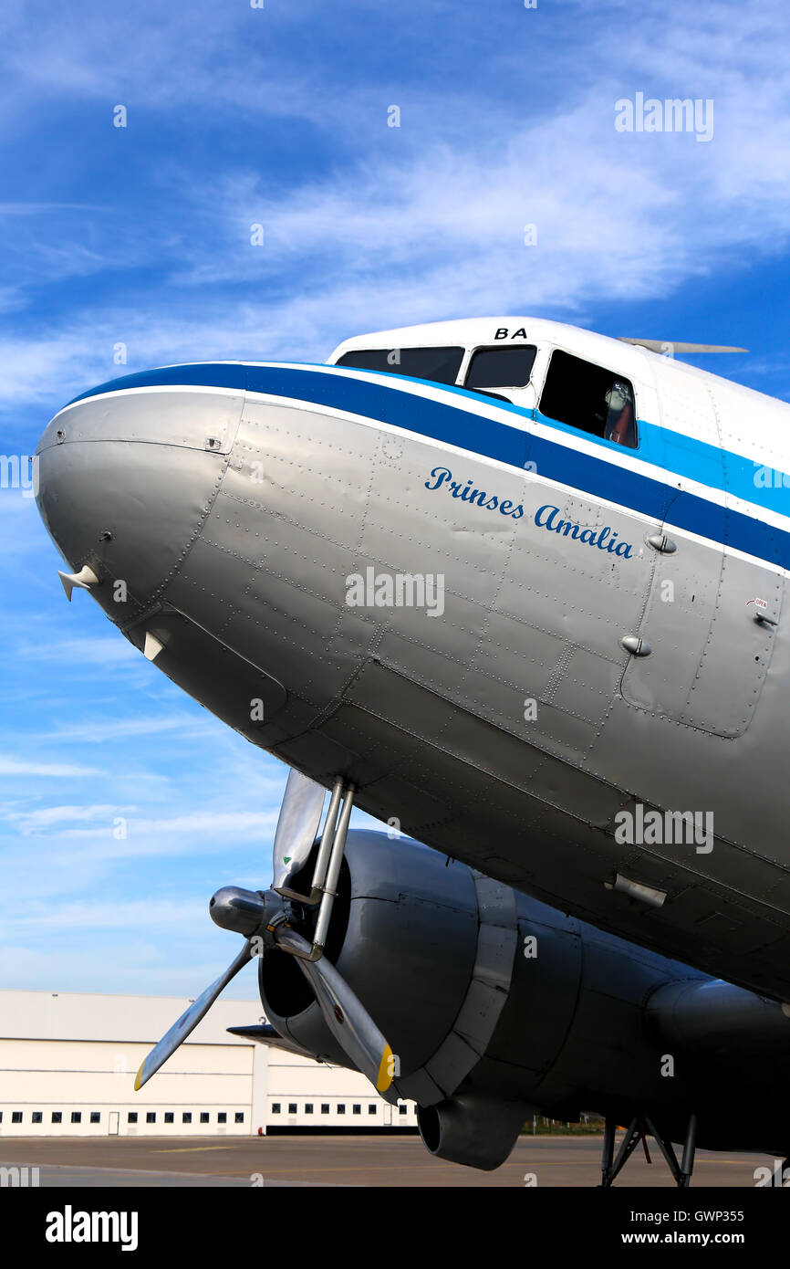 DDA Classic Flights Douglas DC-3 prepares for a pleasure flight at Amsterdam Schipol airport. Stock Photo