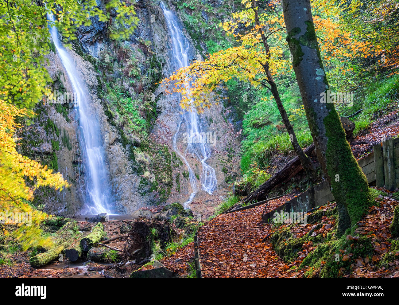 Grey Mare's Tail twin Waterfalls, near Llanrwst, Conwy, Snowdonia, North Wales, UK Stock Photo