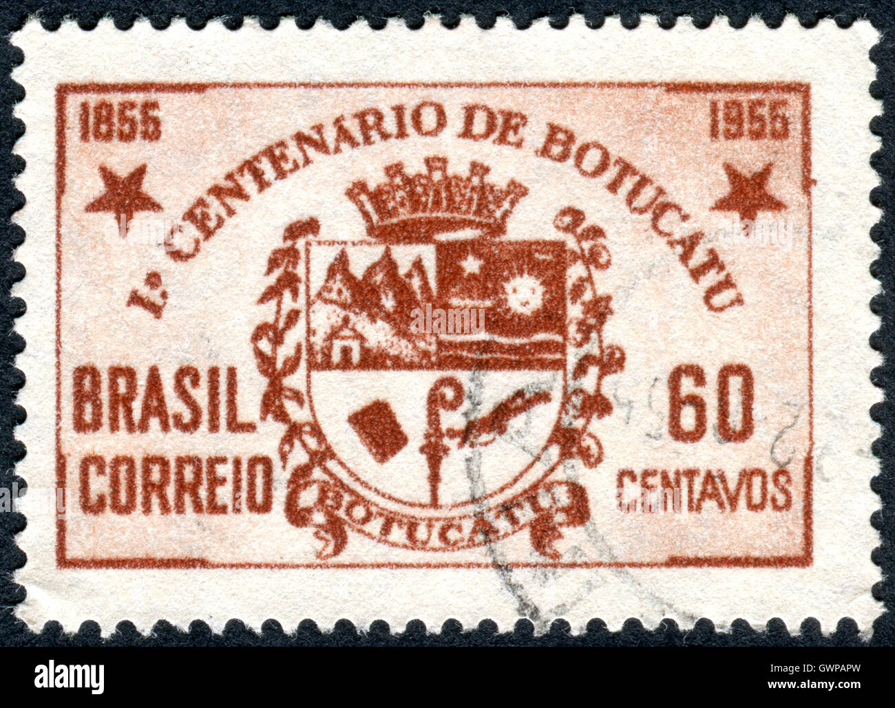 Postage stamp printed in Brazil, devoted to Centenary of Botucatu. Coat of arms in the region Botucatu, Stock Photo