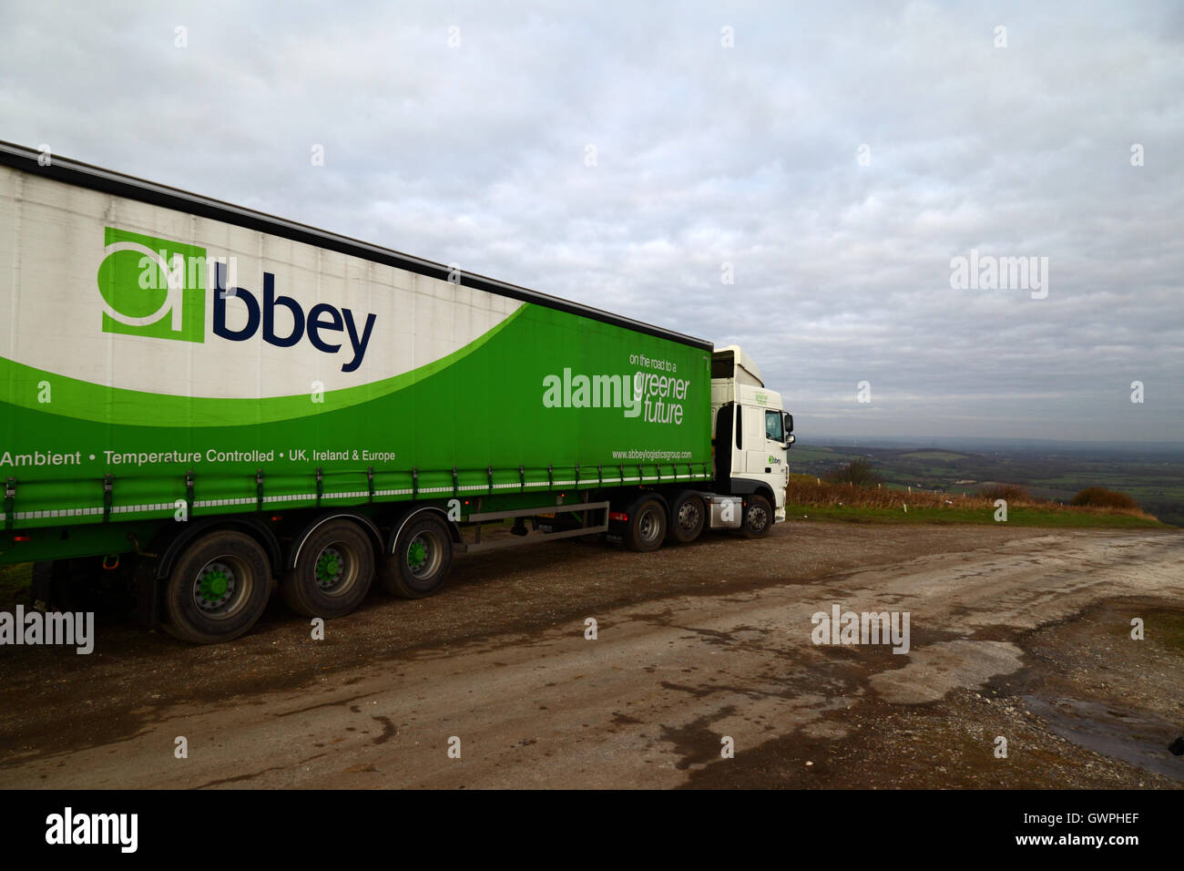Abbey Logistics Group Limited lorry at Firle Beacon, South Downs National Park, East Sussex, England, UK Stock Photo