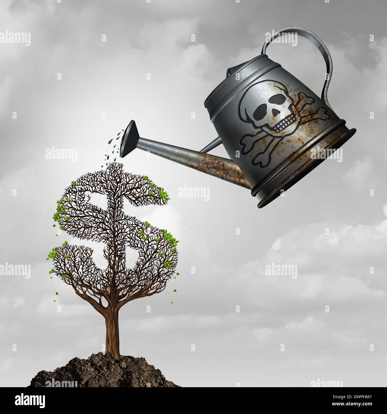 Investment fraud or toxic assets investing concept as a watering can with poison watering a sick dollar or money tree as a financial corruption and fraudulent problem metaphor with 3D illustration elements. Stock Photo