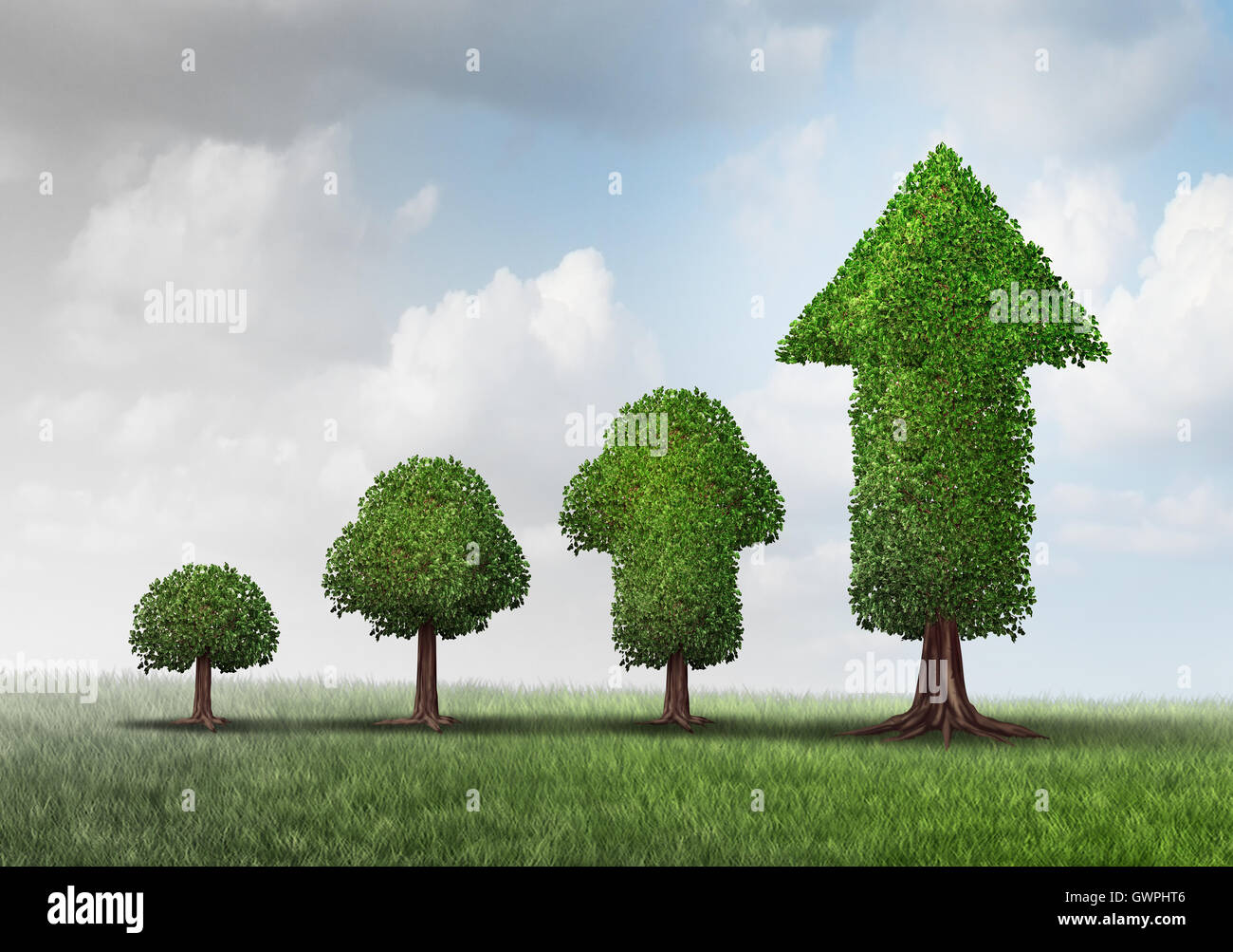 Concept of growing success as a group of trees developing from a small start to a successful finnish as a tree shaped as an arrow with 3D illustration elements as a business metaphor for investment maturity. Stock Photo