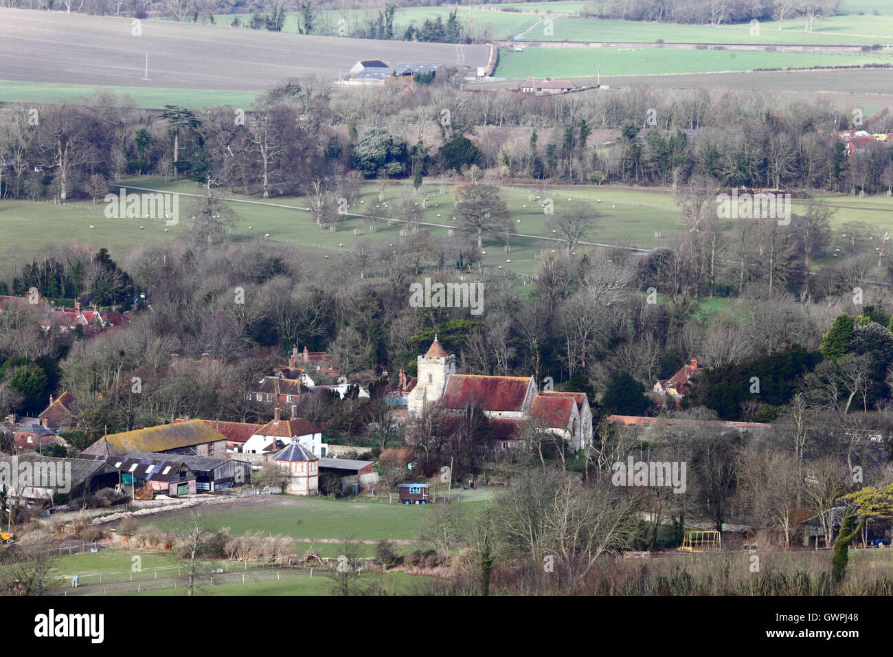 Aerial view of Firle village and church in winter, South Downs National Park, East Sussex, England, UK Stock Photo