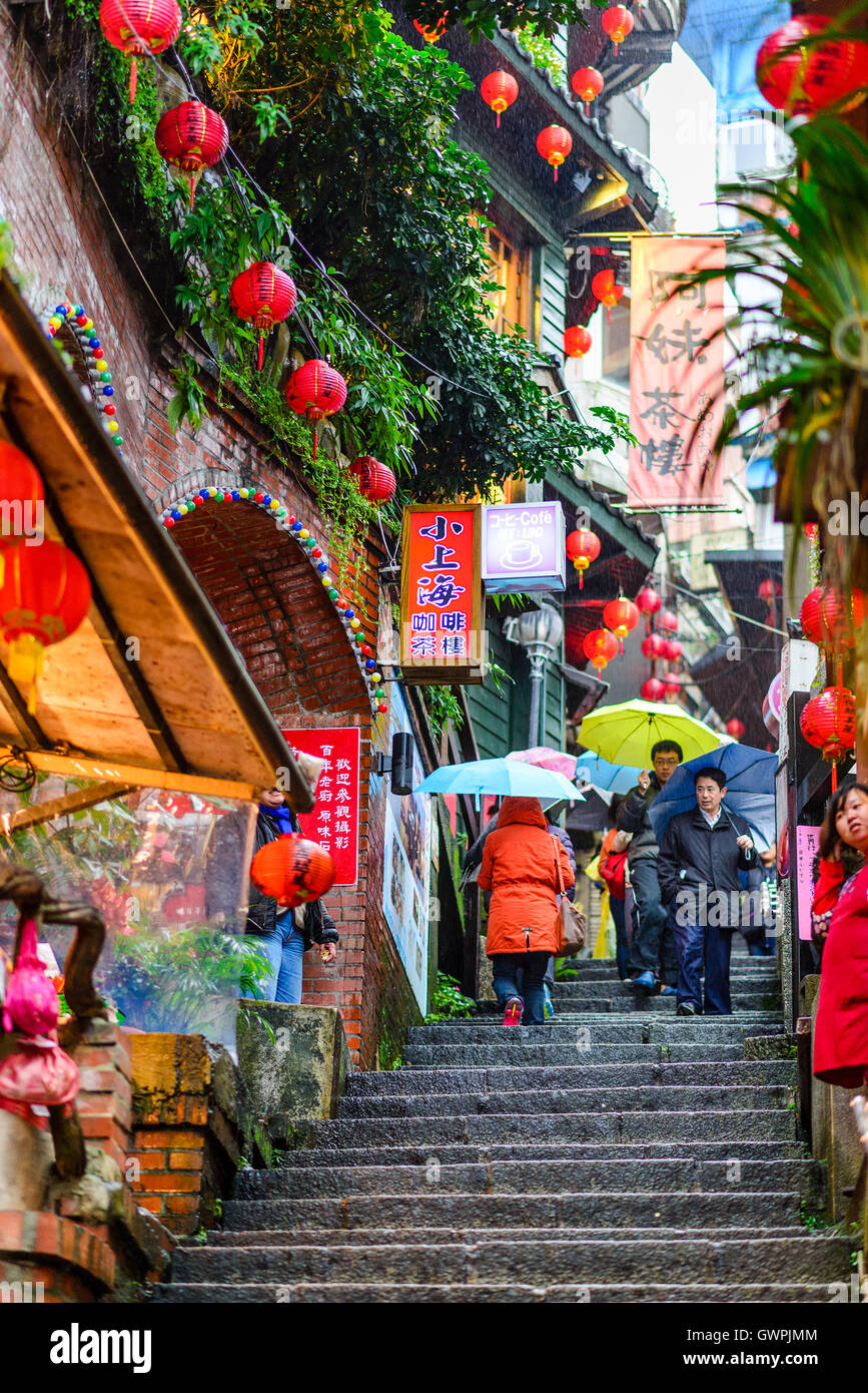 Jiufen, Taiwan old town steps. Stock Photo