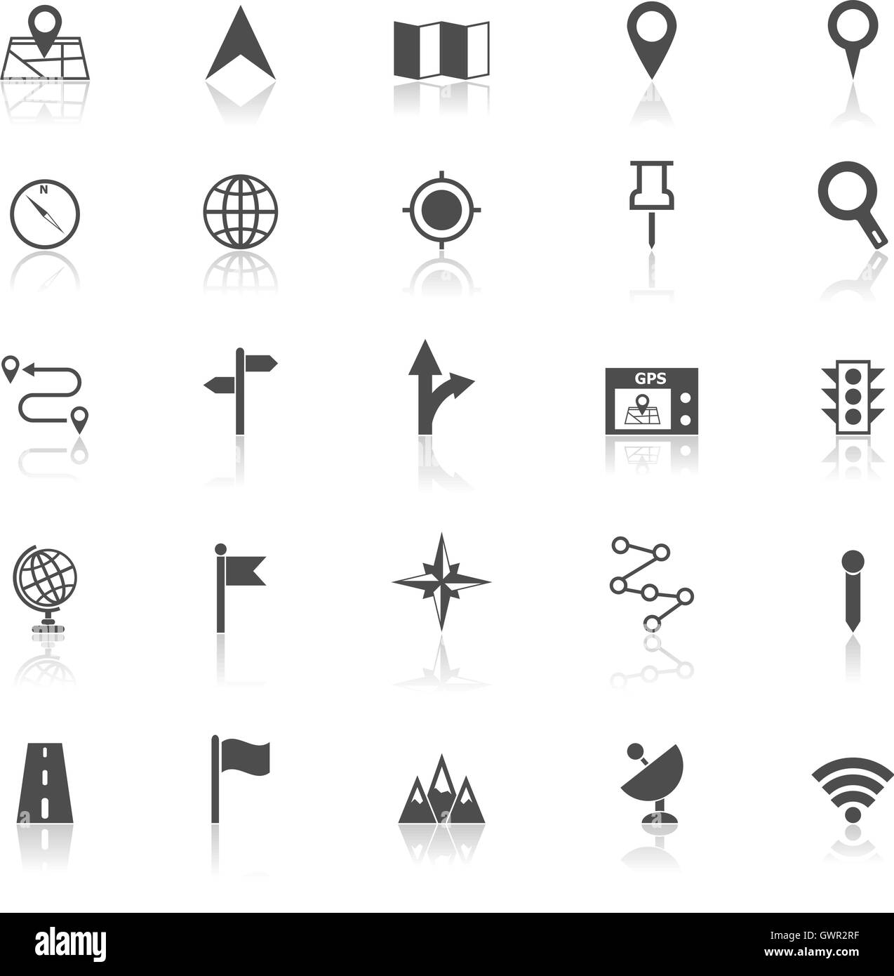 Navigation icons with reflect on white background, stock vector Stock