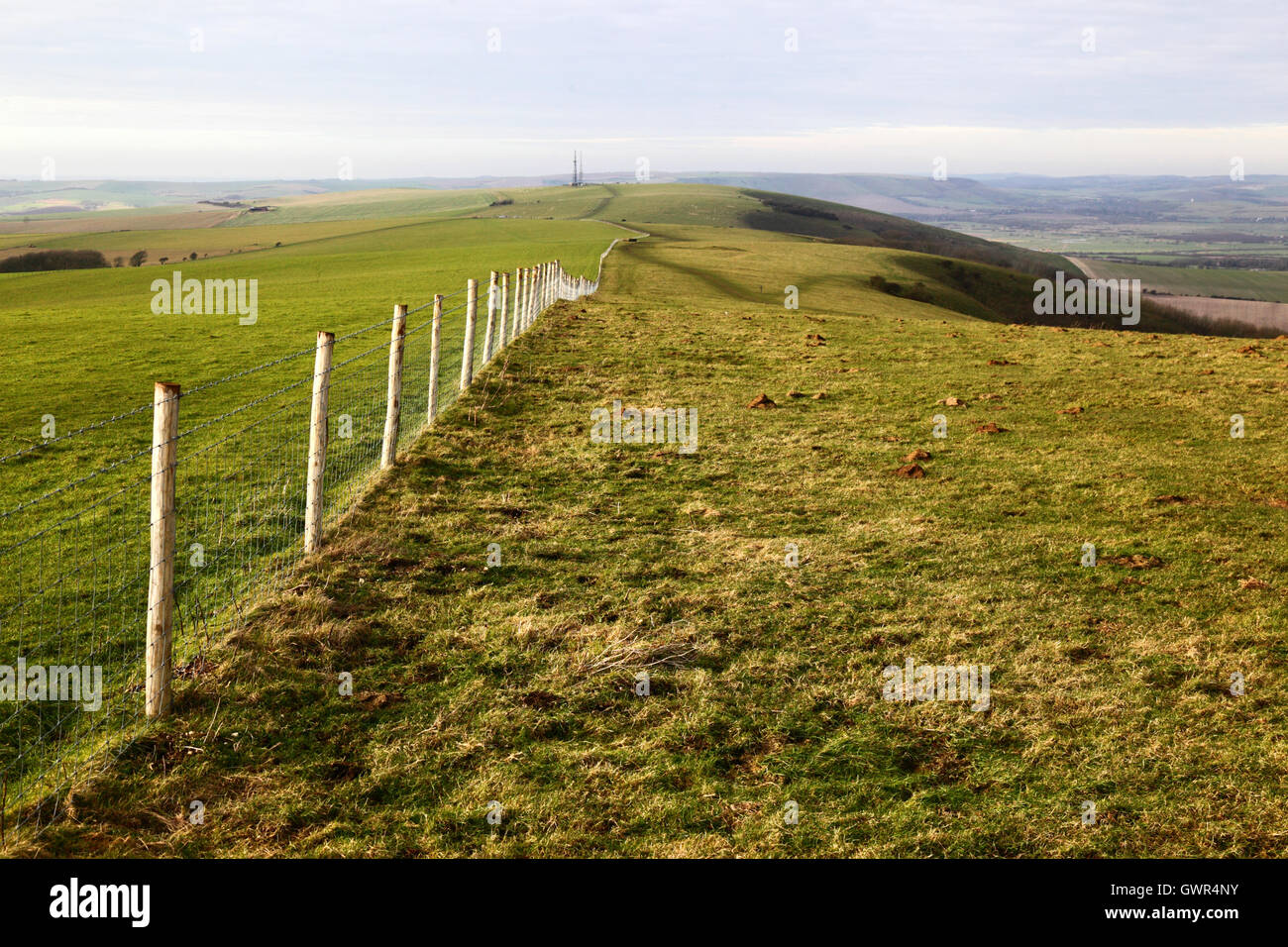 Fence near Firle Beacon, South Downs National Park, East Sussex, England, UK Stock Photo