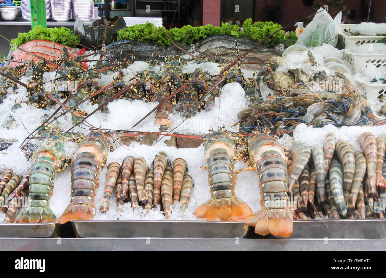 Seafood for sale outside a restaurant on Hua Hin night market, Prachuap Khiri Khan, Thailand Stock Photo