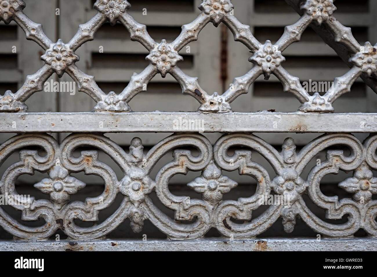 Fragment of ornamental wrought iron window grill in Toulouse, France. Stock Photo