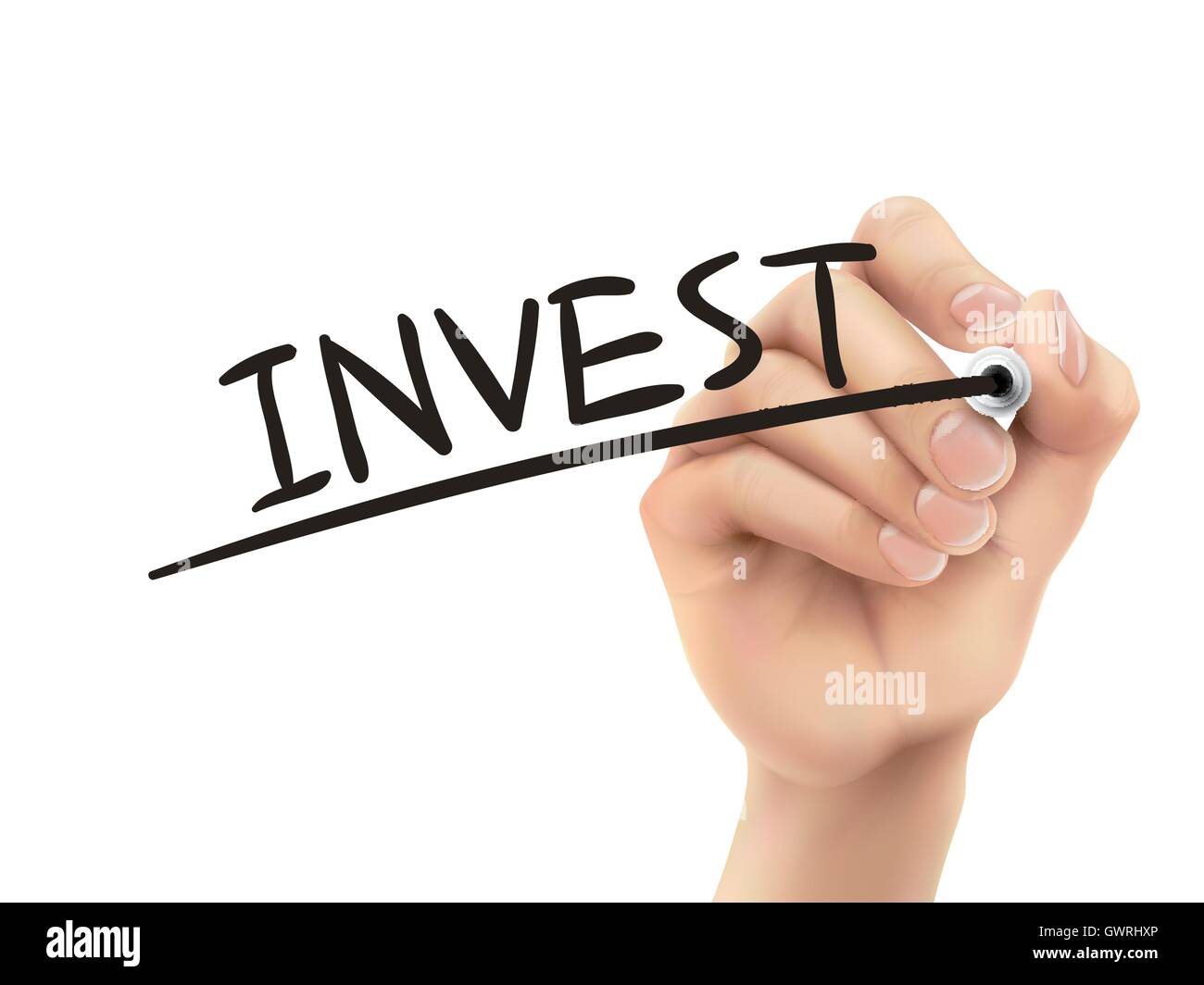 Invest written by hand, 3D illustration realistic hand writing on transparent board Stock Vector
