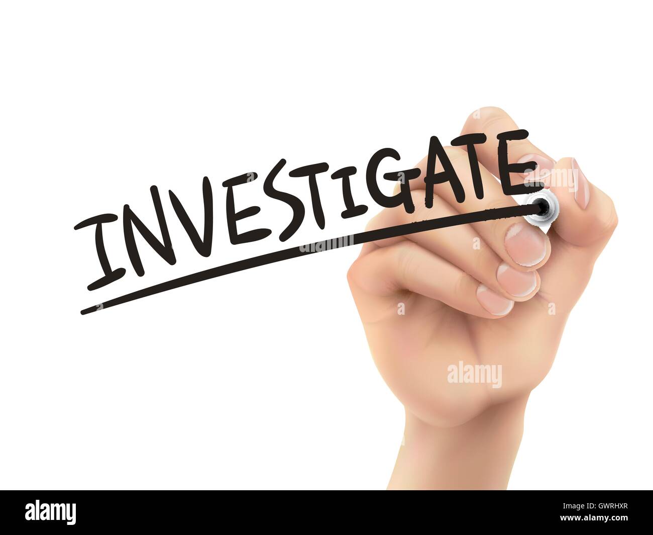 Investigate written by hand, 3D illustration realistic hand writing on transparent board Stock Vector