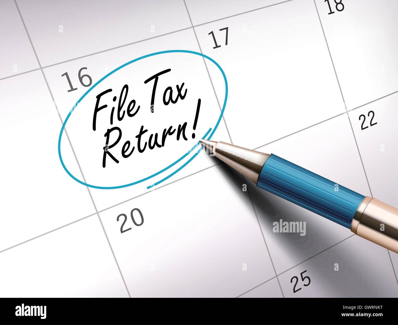 file tax return words circle marked on a calendar by a blue ballpoint pen. 3D illustration Stock Vector