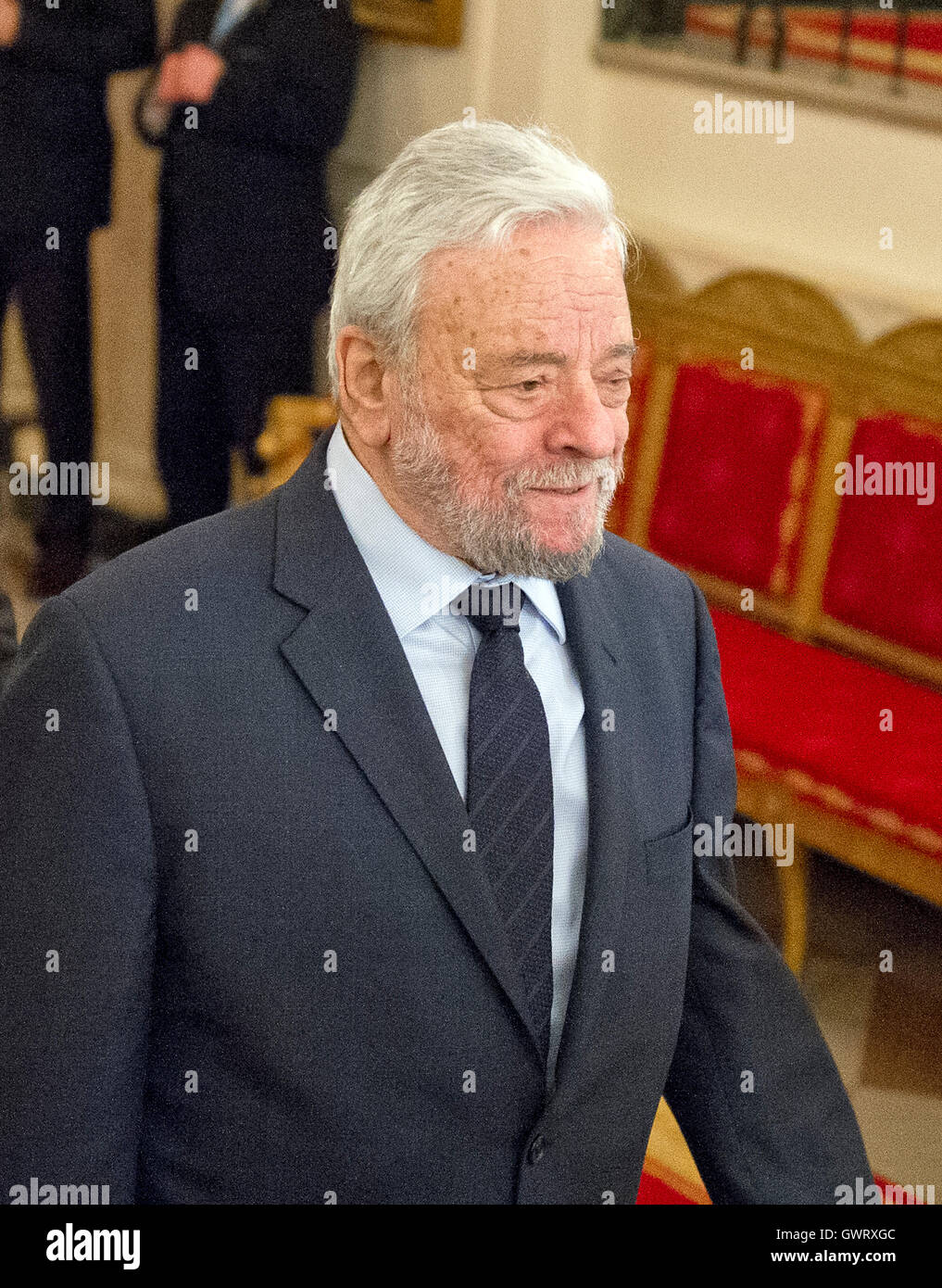 Composer and lyricist Stephen Sondheim arrives to receive the Presidential Medal of Freedom from United States President Barack Obama during a ceremony in the East Room of the White House in Washington, DC on Tuesday, November 24, 2015.  The Medal is the Stock Photo
