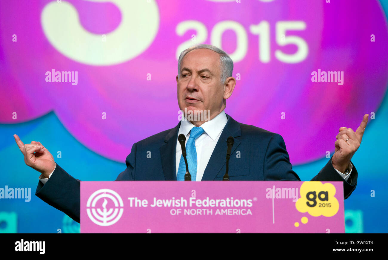 Prime Minister Benjamin Netanyahu of Israel addresses the 2015 Jewish Federations of North America General Assembly at the Washington Hilton Hotel in Washington, DC on Tuesday, November 10, 2015. Credit: Ron Sachs / CNP /MediaPunch Stock Photo