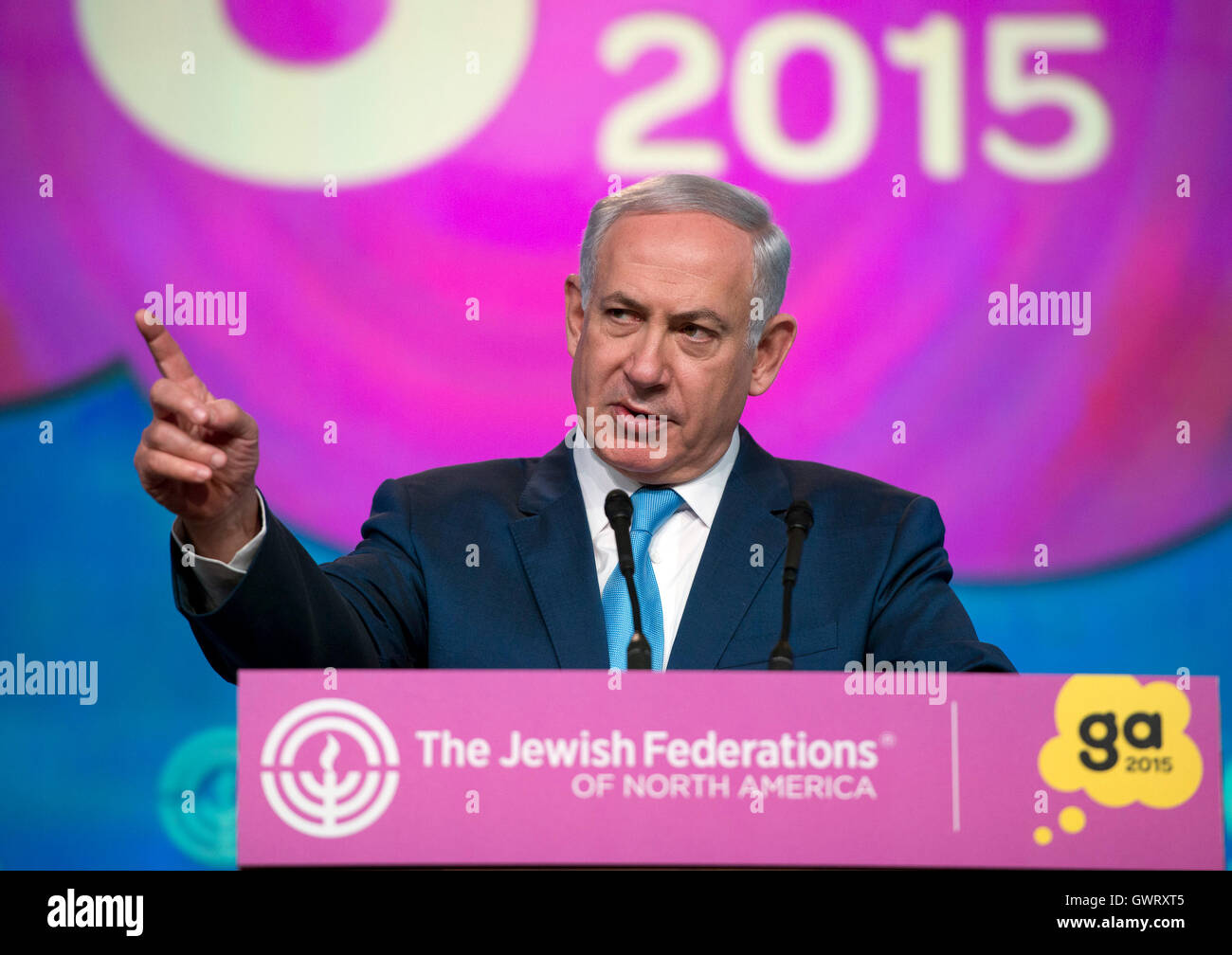 Prime Minister Benjamin Netanyahu of Israel addresses the 2015 Jewish Federations of North America General Assembly at the Washington Hilton Hotel in Washington, DC on Tuesday, November 10, 2015. Credit: Ron Sachs / CNP /MediaPunch Stock Photo