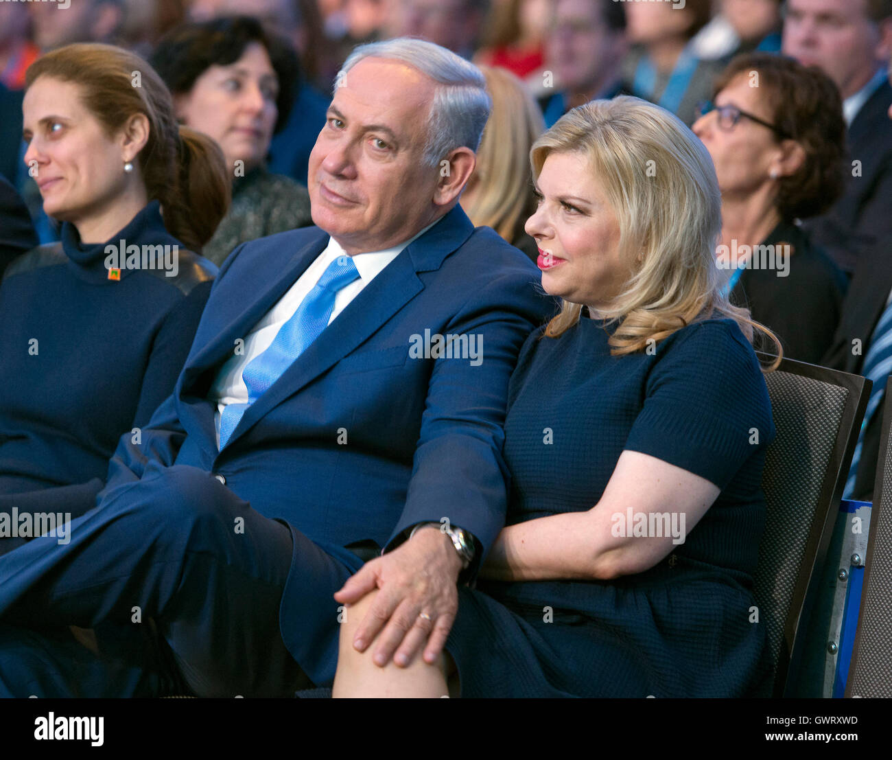 Prime Minister Benjamin Netanyahu of Israel and his wife, Sara, in the front row prior to his addressing the 2015 Jewish Federations of North America General Assembly at the Washington Hilton Hotel in Washington, DC on Tuesday, November 10, 2015. Credit: Stock Photo