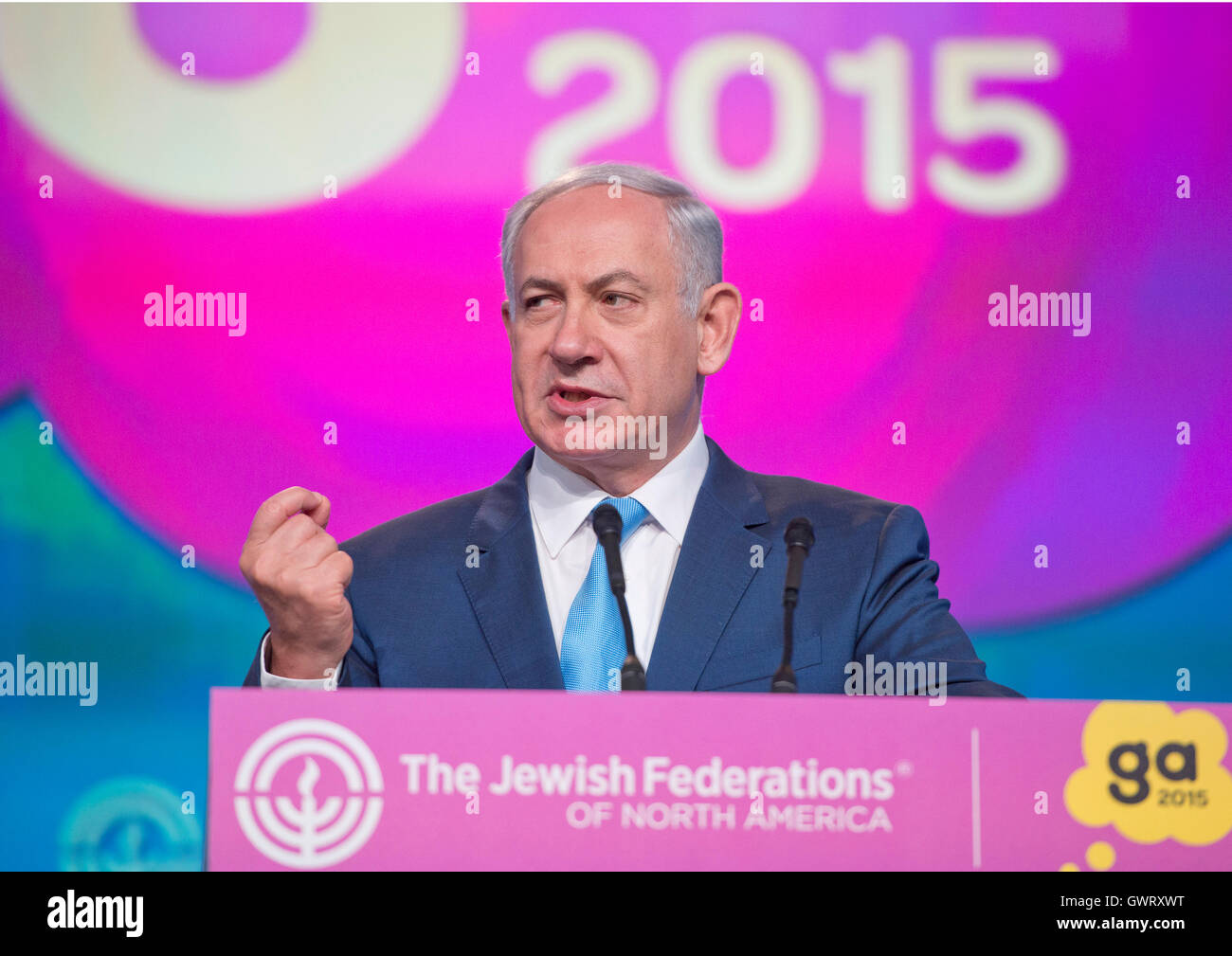 Prime Minister Benjamin Netanyahu of Israel addresses the 2015 Jewish Federations of North America General Assembly at the Washington Hilton Hotel in Washington, DC on Tuesday, November 10, 2015. Credit: Ron Sachs / CNP /MediaPunch Stock Photo