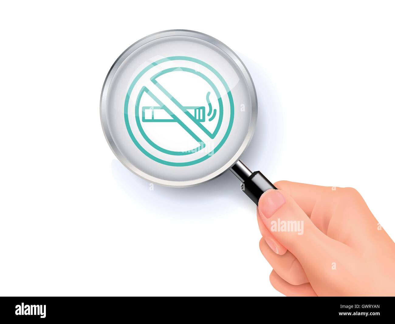 No smoking icon sign showing through by magnifying glass held by hand. 3D illustration. Stock Vector