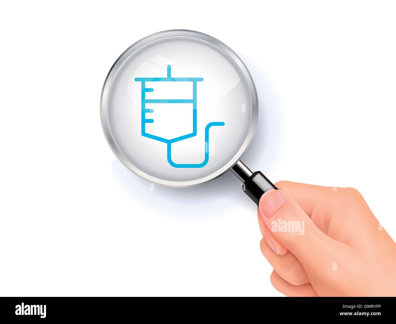 drip infusion icon sign showing through by magnifying glass held by hand. 3D illustration. Stock Vector