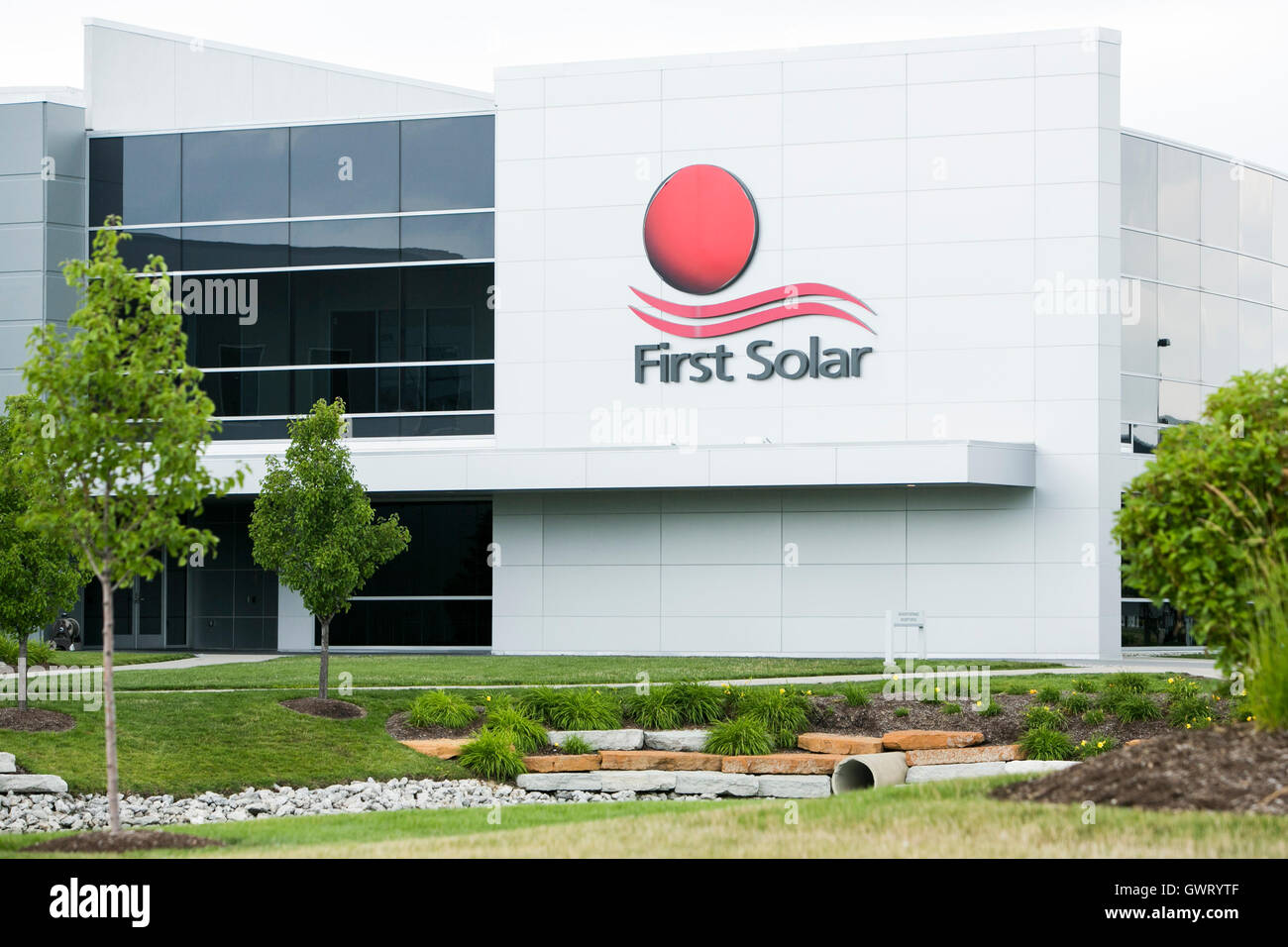 A logo sign outside of a facility occupied by First Solar in Perrysburg ...