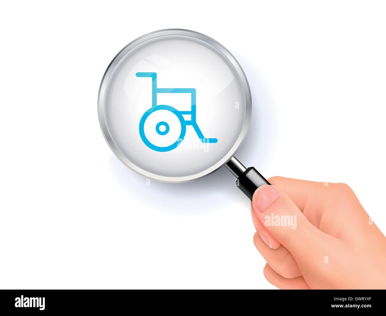 Wheelchair icon sign showing through by magnifying glass held by hand. 3D illustration. Stock Vector