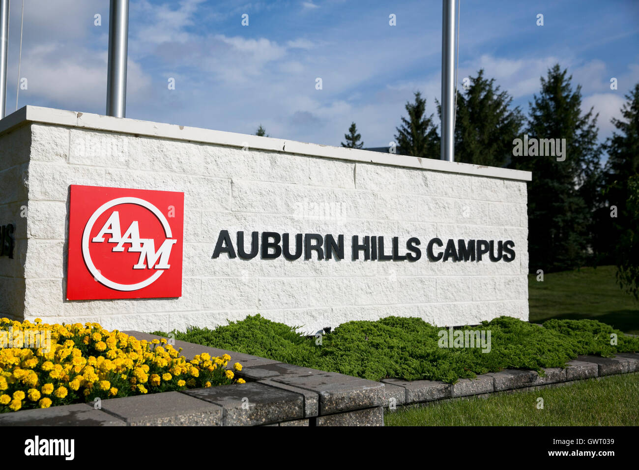 A logo sign outside of facility occupied by American Axle & Manufacturing, Inc., in Auburn Hills, Michigan on July 17, 2016. Stock Photo