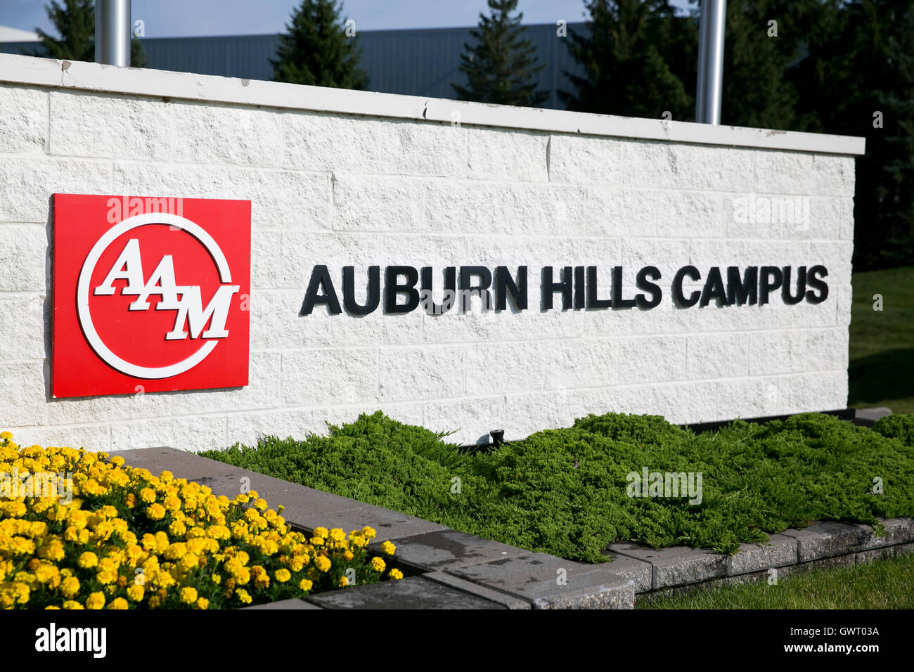 A logo sign outside of facility occupied by American Axle & Manufacturing, Inc., in Auburn Hills, Michigan on July 17, 2016. Stock Photo