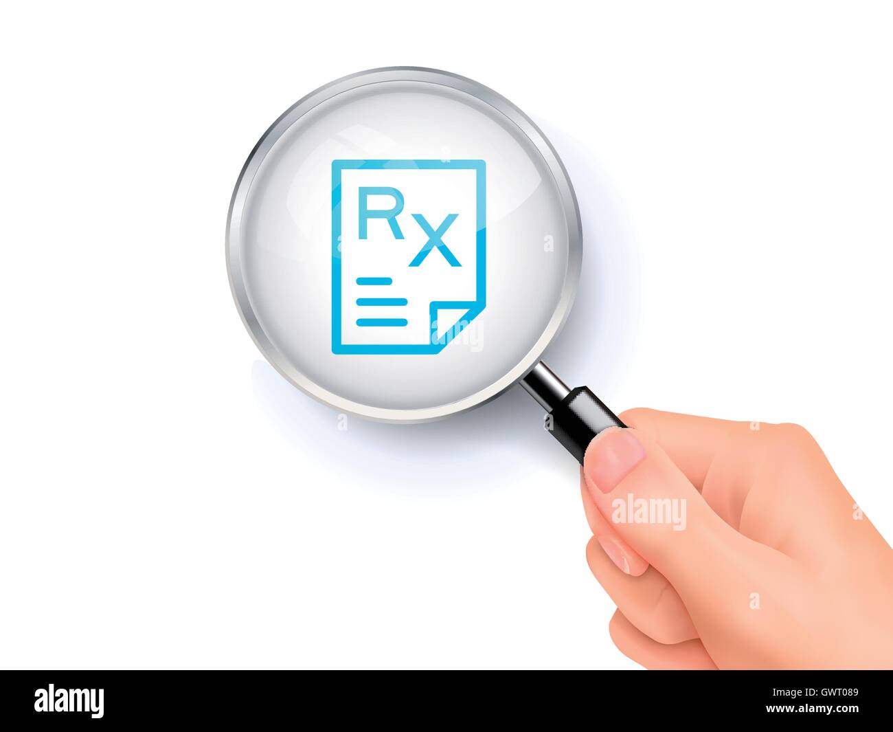 Prescription icon sign showing through by magnifying glass held by hand. 3D illustration. Stock Vector