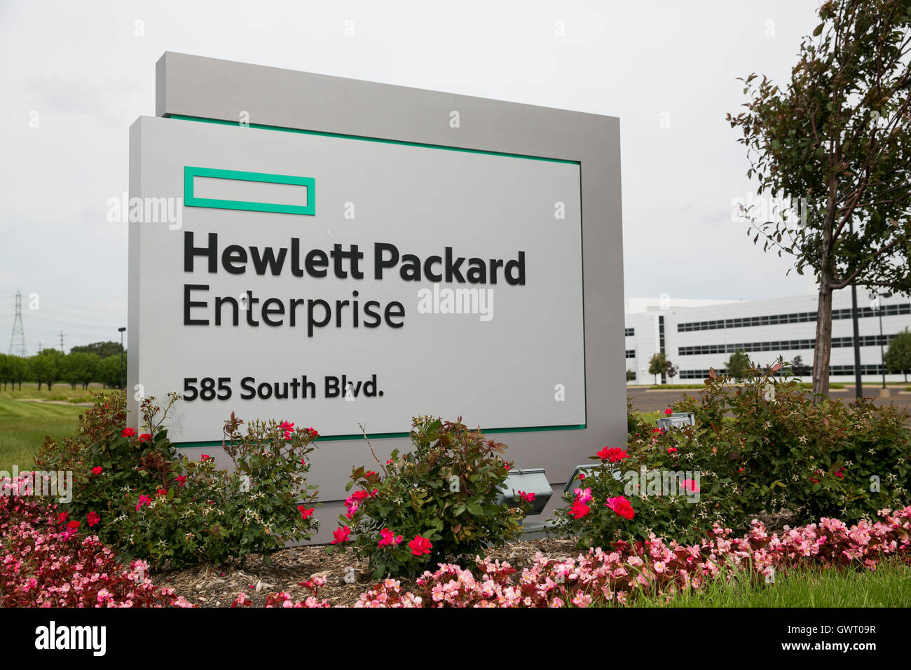 A logo sign outside of a facility occupied by Hewlett Packard Enterprise in Pontiac, Michigan on July 17, 2016. Stock Photo