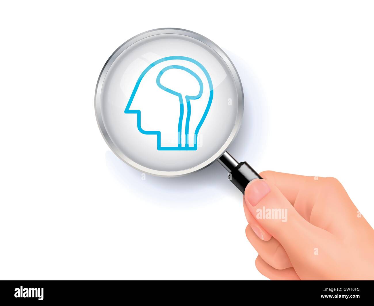 Human brain icon sign showing through by magnifying glass held by hand ...