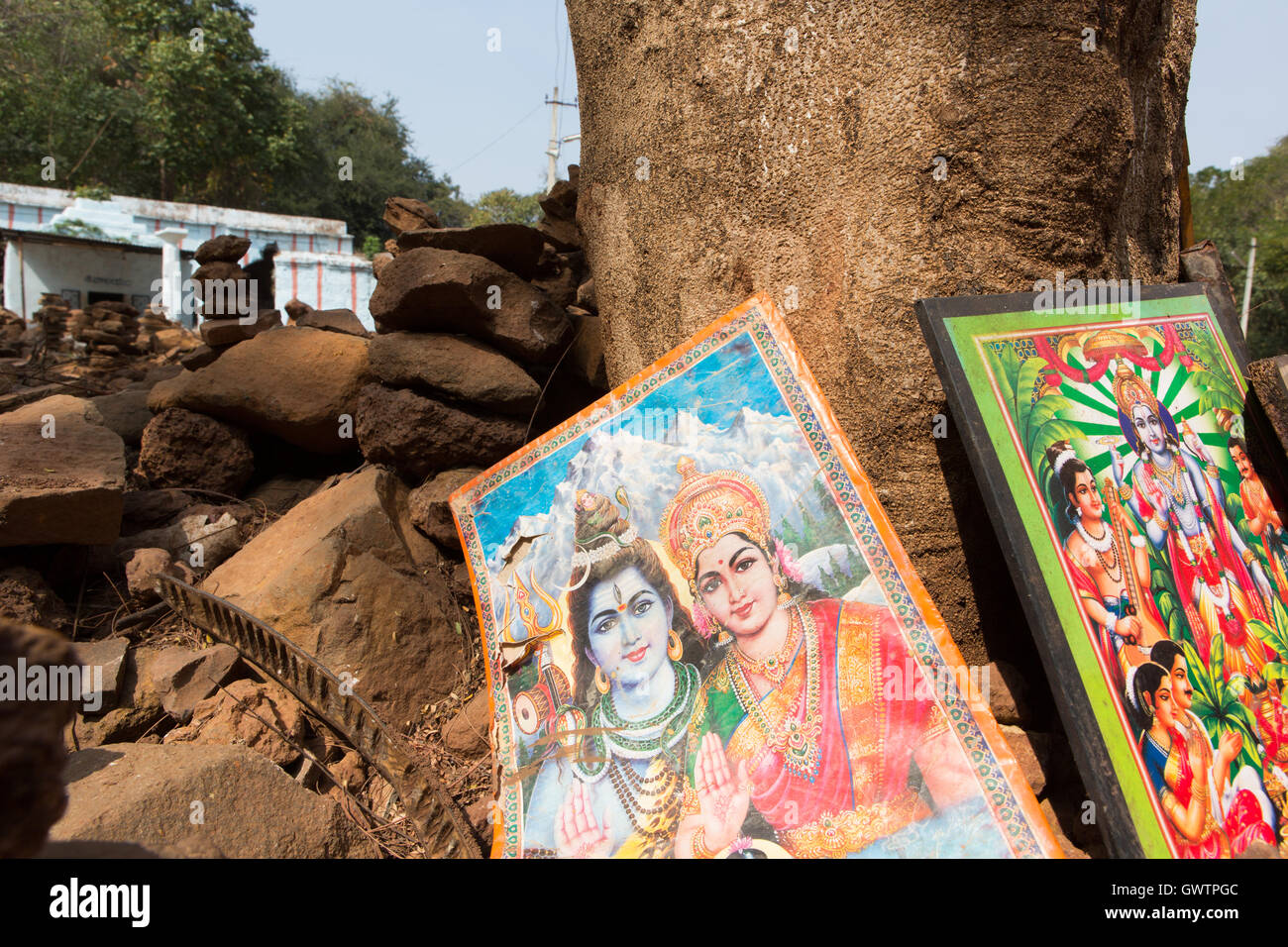 Indian God Photo Frames under a tree near Anantha Padmanabha Swamy Temple at Ananthagiri Hills