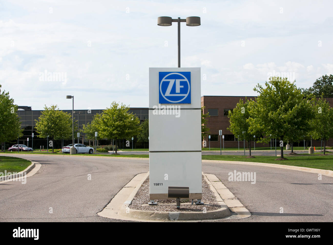 A logo sign outside of a facility occupied by ZF Friedrichshafen AG in Northville, Michigan on July 17, 2016. Stock Photo
