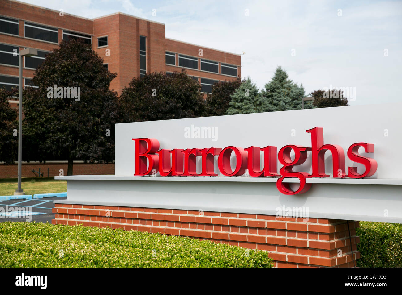 A logo sign outside of the headquarters of Burroughs Inc., in Plymouth