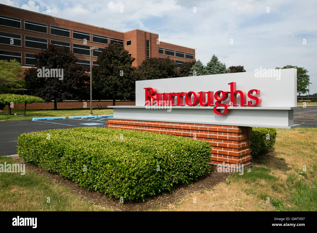 A logo sign outside of the headquarters of Burroughs Inc., in Plymouth