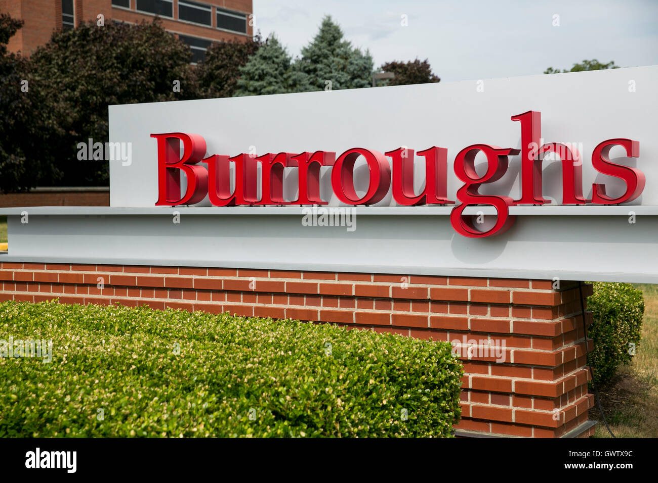 A logo sign outside of the headquarters of Burroughs Inc., in Plymouth ...