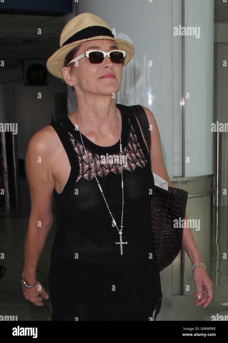 Sharon Stone wears a sheer top as she arrives at Los Angeles