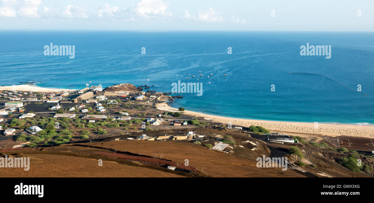 Georgetown Ascension island part of the St Helena group of islands.  View of Georgetown showing long beach and the main town Stock Photo