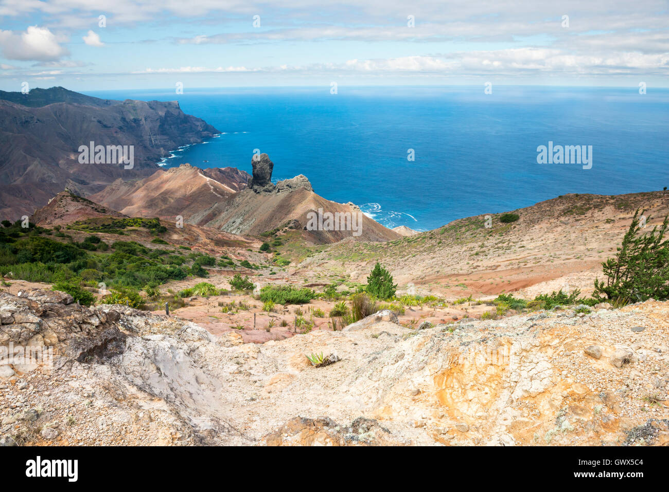 View from South west point looking over to Sandy Bay on St Helena island south Atlantic ocean with Lot's wife in view Stock Photo
