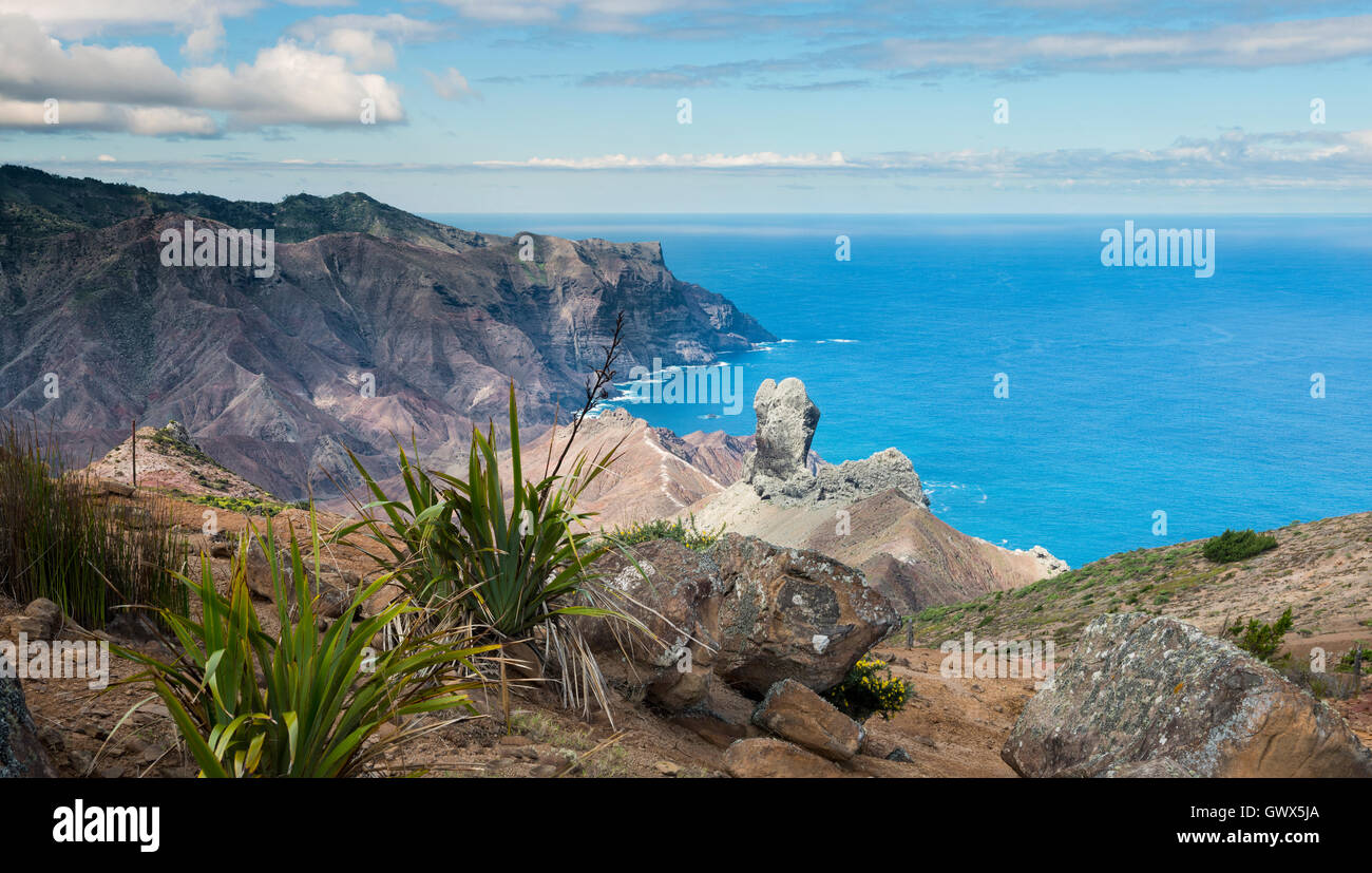 View from South west point looking over to Sandy Bay on St Helena island south Atlantic ocean with Lot's wife in view Stock Photo