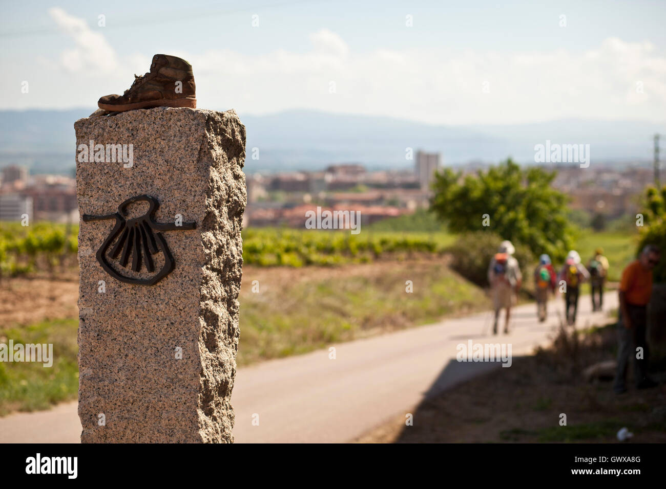 Boot sitting on marker along the Camino de Santiago, route Frances Stock Photo