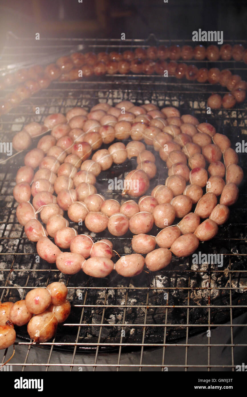 Sausage Meatballs On Bar-b-Q, Thailand Street Food Stock Photo