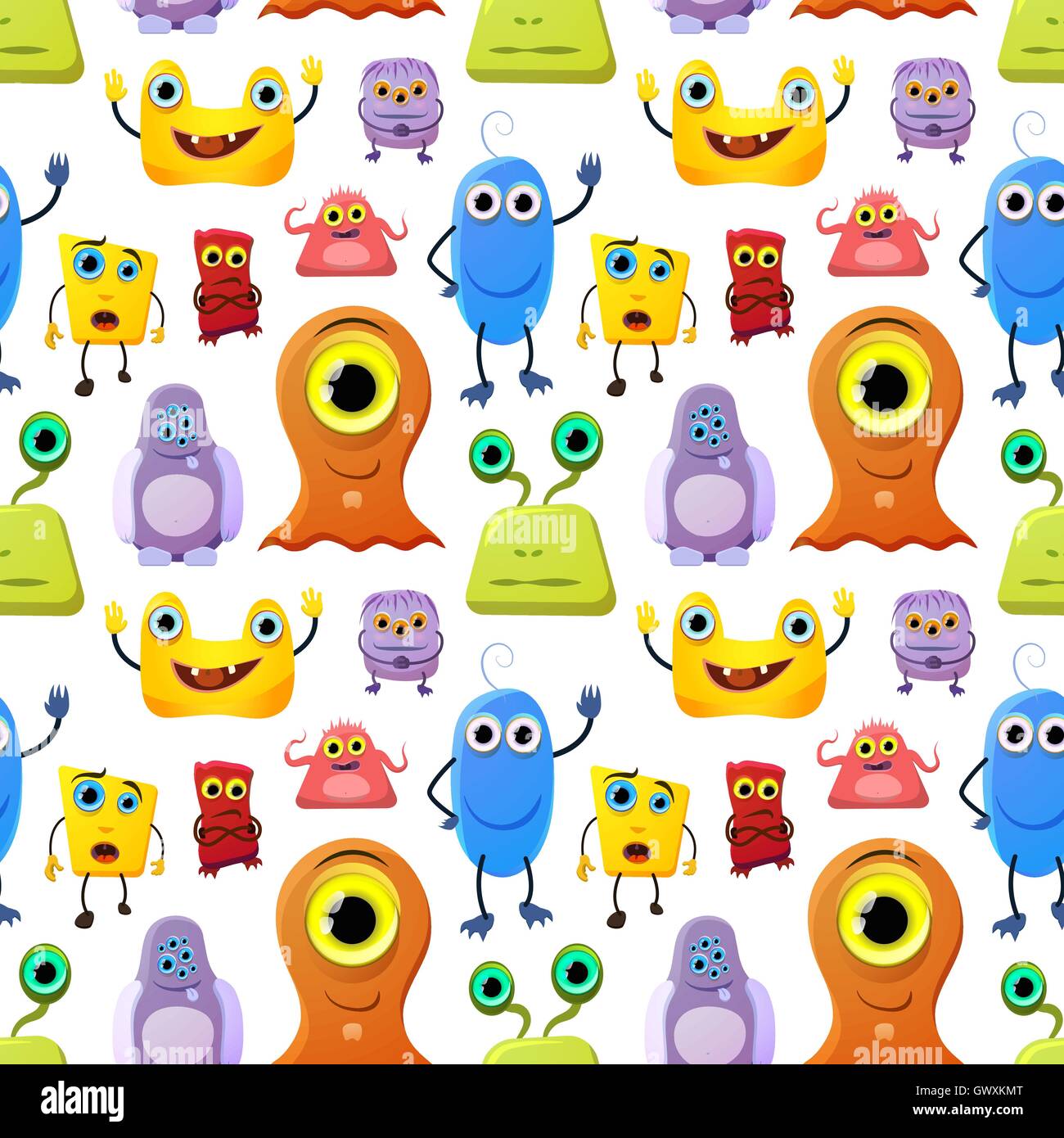 Crowd of cute monsters different colours on white background, seamless ...