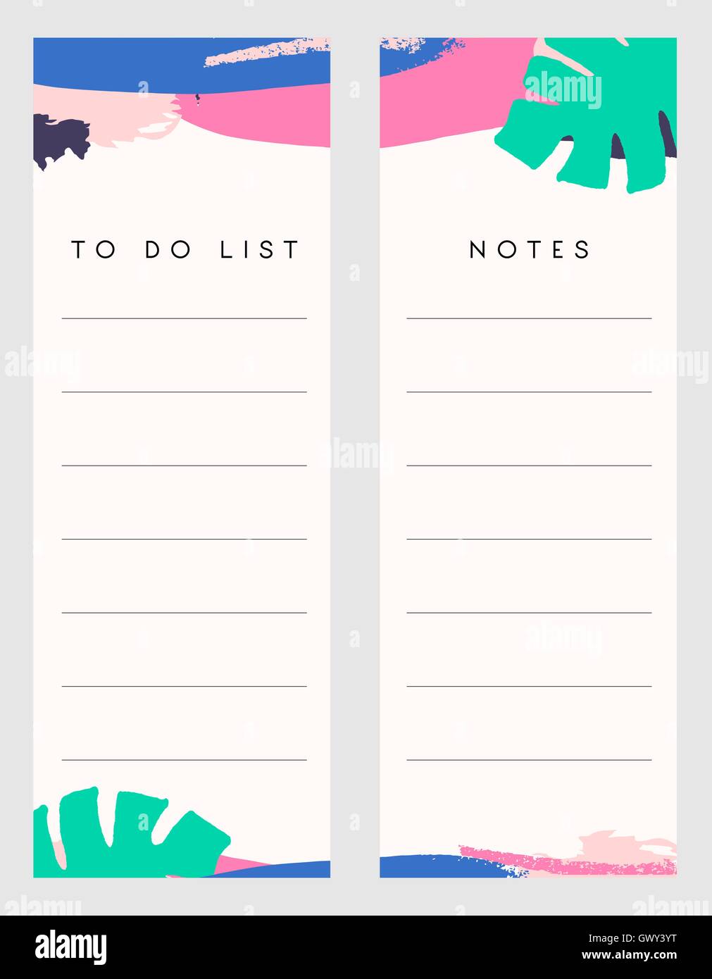 Printable Notes And To Do List Template Designs Decorated With Hand Drawn Green Tropical Leaves And Colorful Brush Strokes In Fu Stock Vector Image Art Alamy