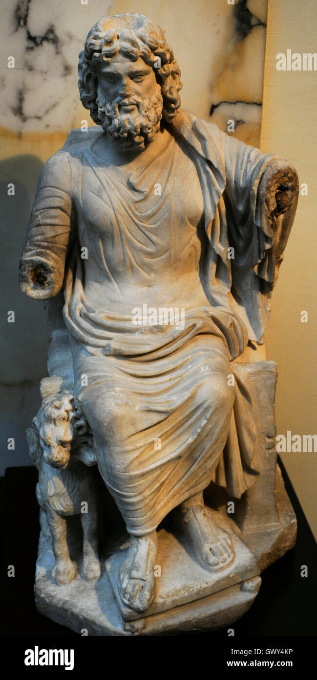 Roman statue of God Serapis. 2nd century AD. Marble. Probably, small copy of a statue by Bryaxis for the Temple of Serapis in Alexandria. Museum of Mediterranean and Near Eastern Antiquities. Stockholm. Sweden. Stock Photo